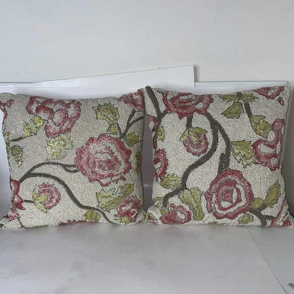 PRIMROSE VINTAGE Set of 2 Floral Pink Rose Beaded 12” Throw Decorative Pillows - Picture 6 of 15